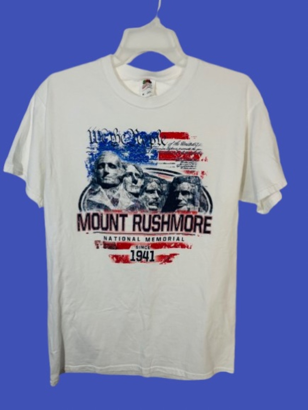 Fruit of the Loom White Mount Rushmore Graphic Tee with Red and Blue Accents